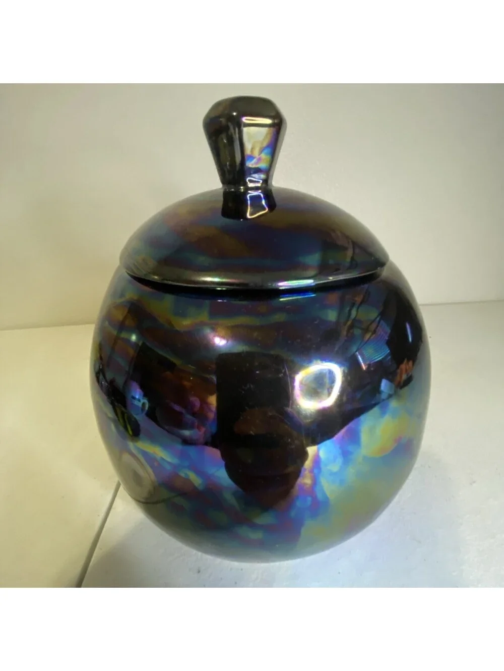 Day of the Dead Black Iridescent Oil Slick Ceramic Skull Head Real Size Jar